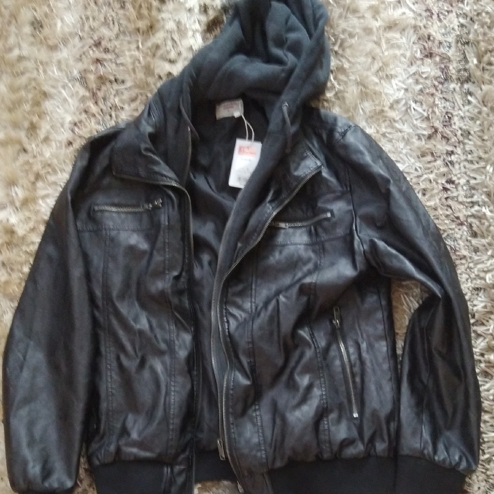 NWT Castro Black Faux Leather Biker Style Jacket W/Zippered Pockets+Hoodie
